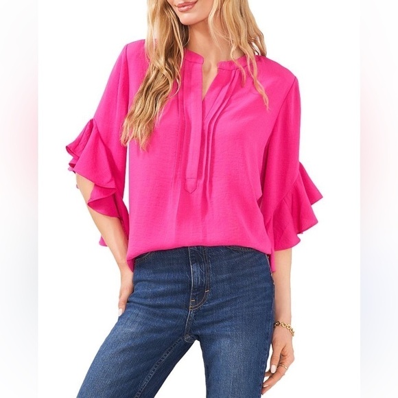 NWT Vince Camuto Split Neck Ruffle Sleeve Blouse Hot Pink Size XS - Picture 1 of 14